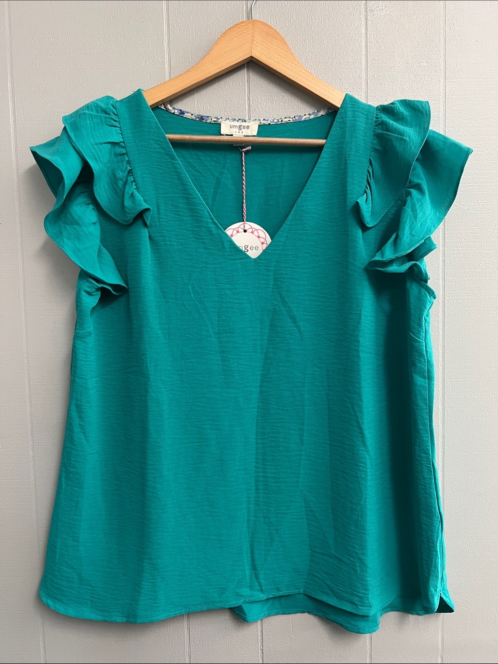 Umgee Teal Flutter Sleeve V-Neck Blouse